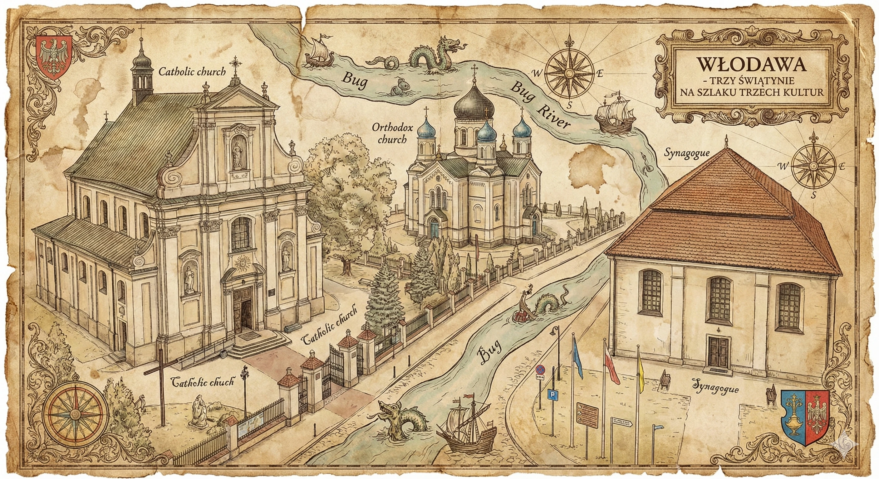 Ilustrowana, stylizowana na starą mapę grafika przedstawiająca Włodawę i jej trzy główne świątynie: kościół katolicki, cerkiew prawosławną i synagogę, symbolizujące spotkanie kultur nad rzeką Bug.