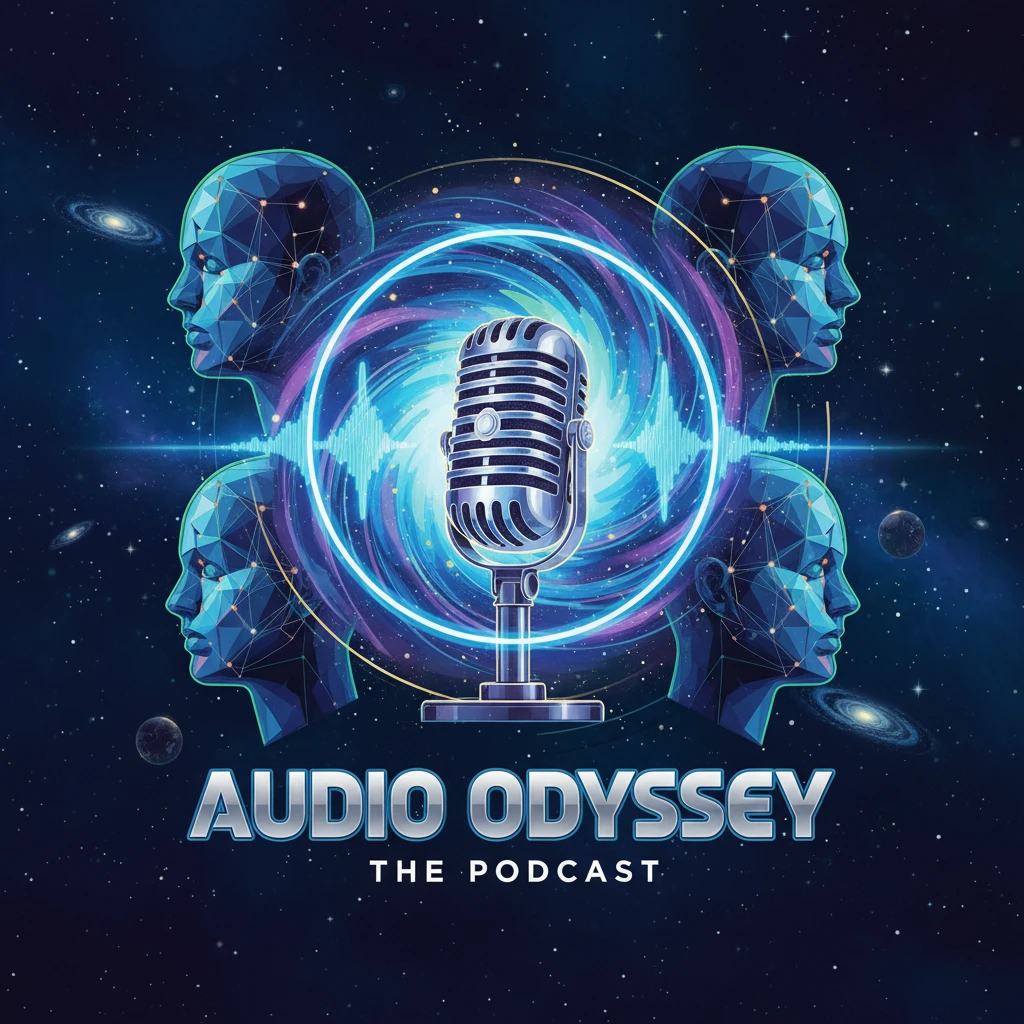 Ilustracja okładki podcastu: staroświecki mikrofon otoczony falami dźwiękowymi i wirującą galaktyką, otoczoną czterema futurystycznymi głowami w przestrzeni kosmicznej. Tytuł 'Audio Odyssey The Podcast'.