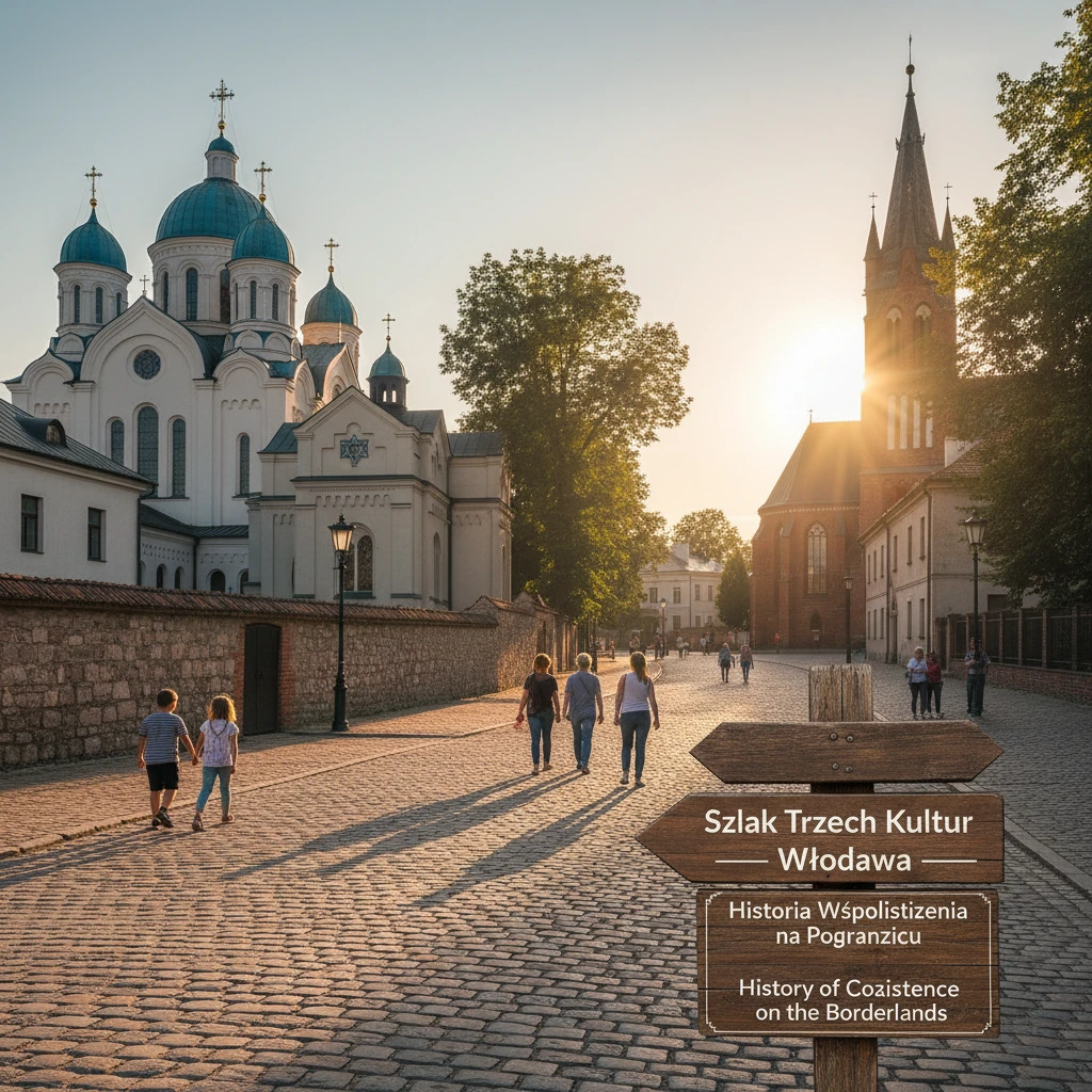 Widok na Szlak Trzech Kultur we Włodawie o zachodzie słońca, z cerkwią, synagogą i kościołem widocznymi w tle. Brukowana ulica z drewnianym drogowskaz...
